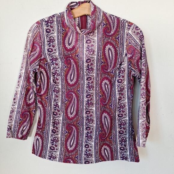 VIntage 60s 70s Mod Maroon Purple Floral Paisly Mock Neck Top Women Size S/M - Picture 1 of 9